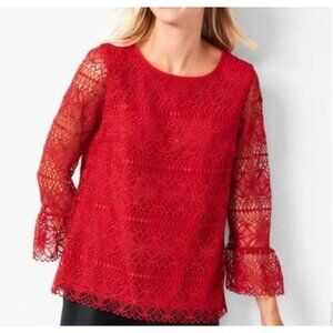 Talbots Red Floral Lace Sheer Bell Sleeve Top Size M